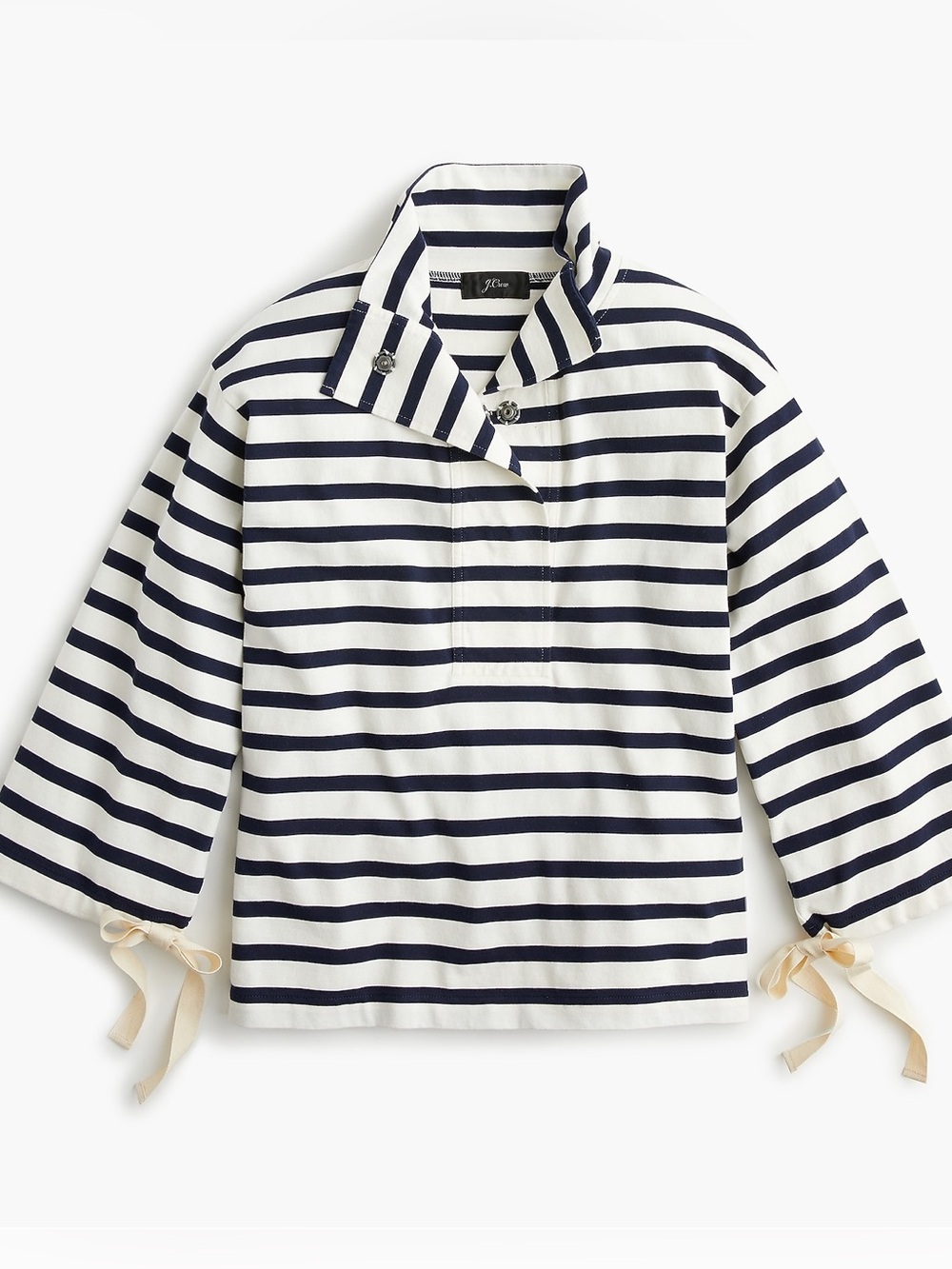 J. Crew Navy White Striped Snap Neck Knit Nautical 3/4 Tie Sleeve Pullover M